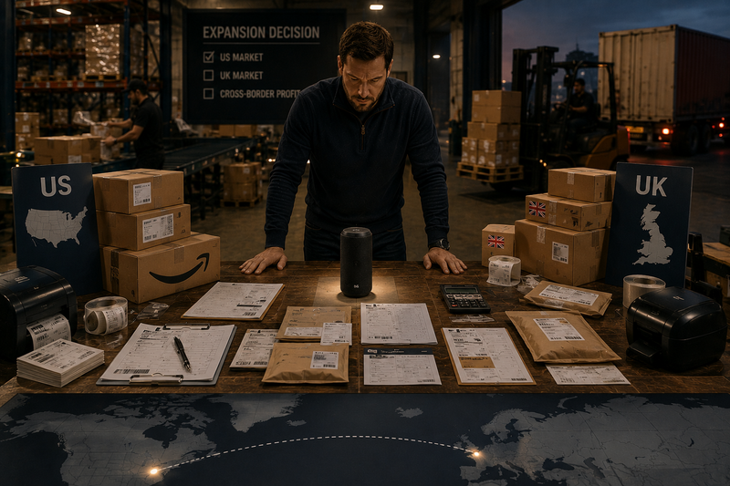 Amazon seller comparing a product's US and UK fulfillment economics at a warehouse strategy table, surrounded by inventory, shipping documents, and export logistics preparations.