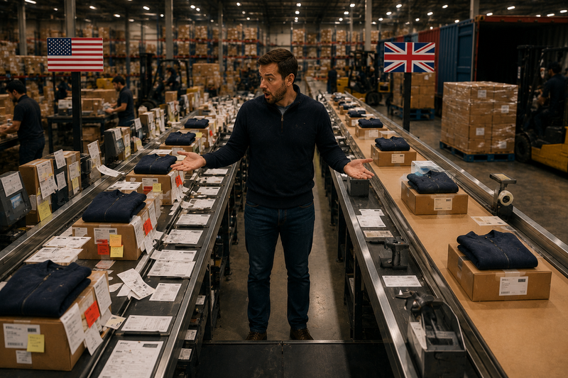 Amazon seller comparing identical products moving through separate US and UK fulfillment lanes, highlighting how different marketplace fee structures and operational requirements can lead to different profit outcomes.