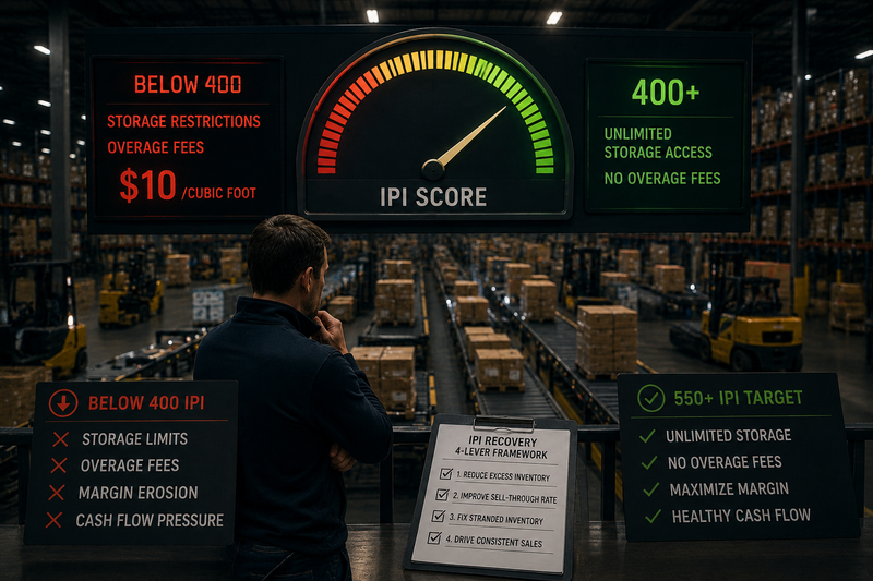 Warehouse operator monitoring inventory storage capacity as pallets move through a fulfillment center, illustrating how low inventory performance can lead to storage restrictions, overage costs, and reduced profitability.