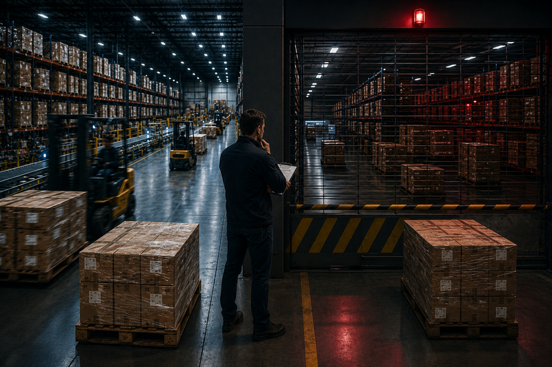Warehouse manager observing inventory flowing freely through one fulfillment area while stock remains blocked behind storage restrictions in another.
