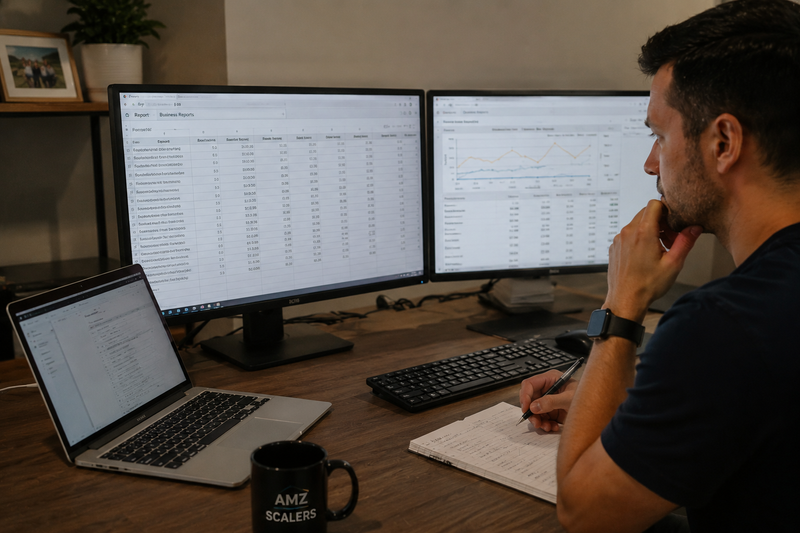 Amazon seller conducting a monthly campaign review, comparing advertising spend, sales performance, and product profitability to make informed scaling decisions and prevent margin erosion.