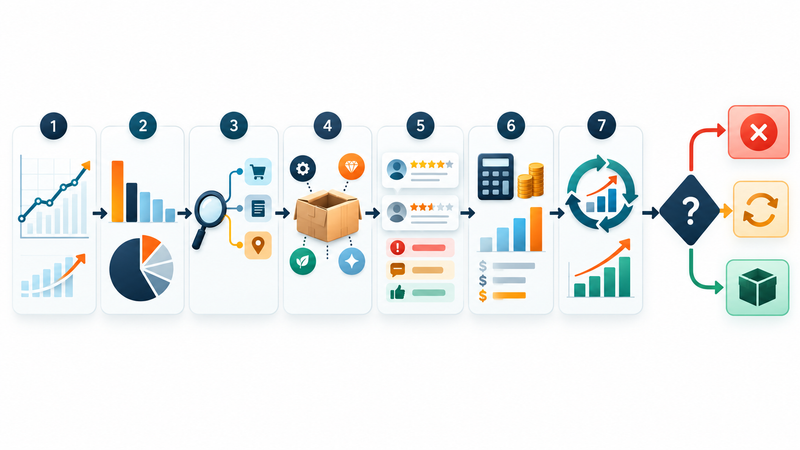 Amazon product validation workflow from market demand to post-launch profit data.