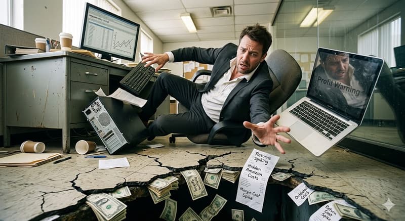 Shocked Amazon seller falling backward as hidden costs and declining profits create a financial crisis.