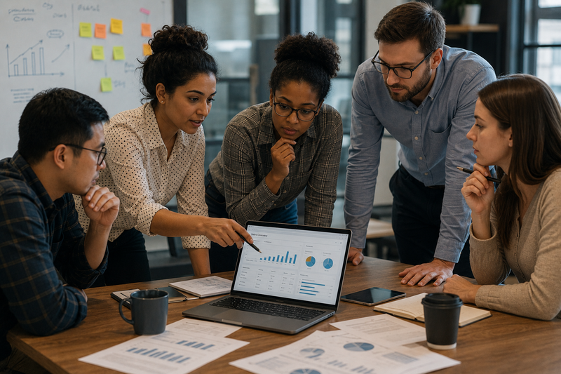 Female Amazon seller leading a team discussion around sales and profitability reports, working with colleagues to understand the gap between strong revenue growth and actual business profit.