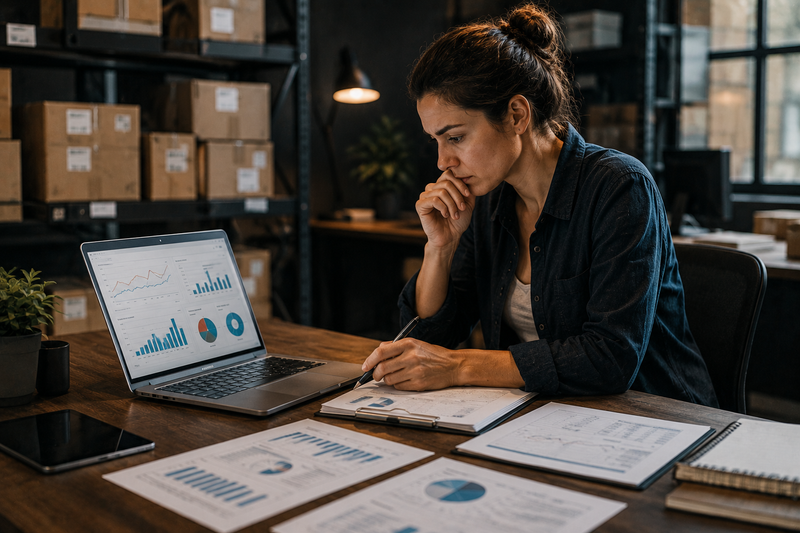 Amazon seller reviewing SKU-level profitability in a warehouse office, analyzing advertising spend, sales performance, returns, and inventory costs to identify hidden profit leaks behind strong revenue growth.