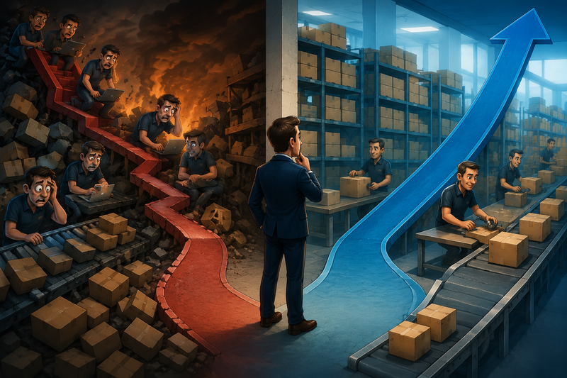 Cartoon-style Amazon seller choosing between chaotic price-cutting and a stable, profitable fulfillment operation, illustrating the importance of maintaining a pricing floor instead of joining a race to the bottom.