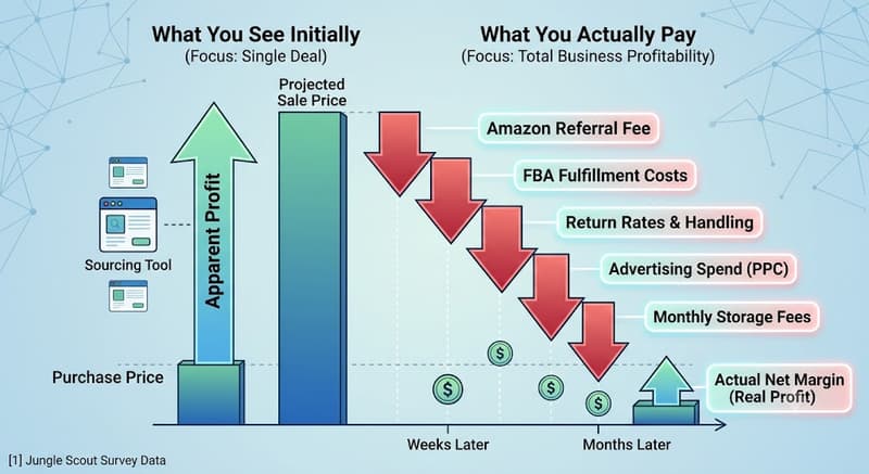 An infographic comparing Amazon arbitrage profit expectations versus reality. The left shows a large "Apparent Profit" based on a single deal's buy/sell price. The right shows that profit shrinking over a timeline of weeks and months due to a cascade of hidden costs: Amazon fees, FBA fulfillment, returns, PPC ads, and storage fees, leaving a tiny "Actual Net Margin."