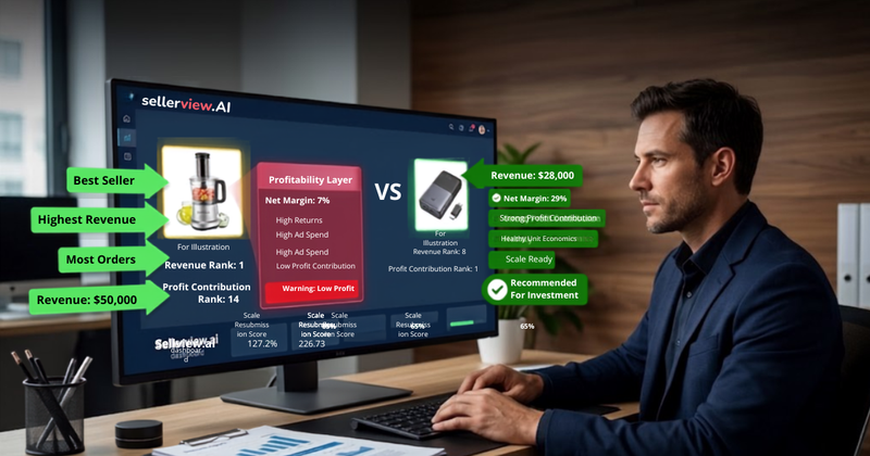 Business professional reviewing a Sellerview.ai dashboard comparing a high-revenue Amazon product with a higher-profit product, highlighting profitability metrics, profit contribution, and inventory investment