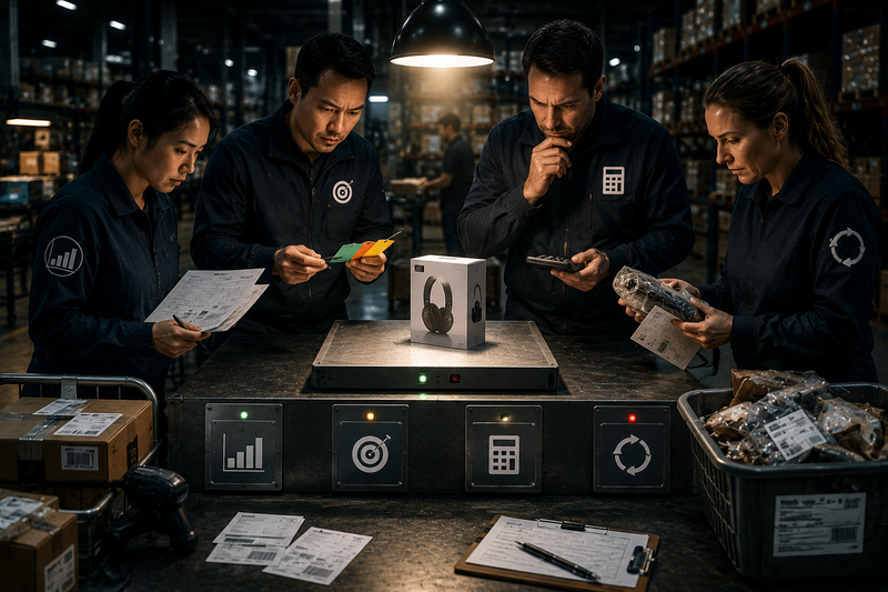 Four warehouse specialists inspect a single SKU at a quality-control station, reviewing sales performance, advertising efficiency, profitability, and returns before deciding whether the product should continue scaling.