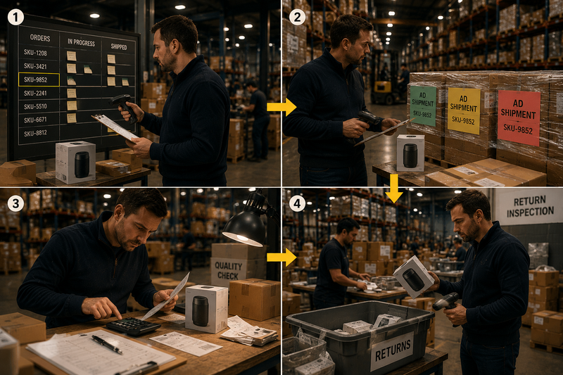 Amazon seller conducting a weekly warehouse review by inspecting a single product through sales activity, advertising efficiency, profitability, and return checks before making inventory decisions.
