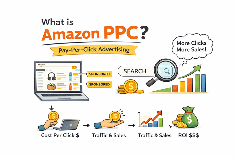 Minimal infographic explaining Amazon PPC (Pay-Per-Click advertising) with clean Poppins-style typography, showing sponsored ads on a laptop, keyword search, cost-per-click, and growth in sales and ROI.