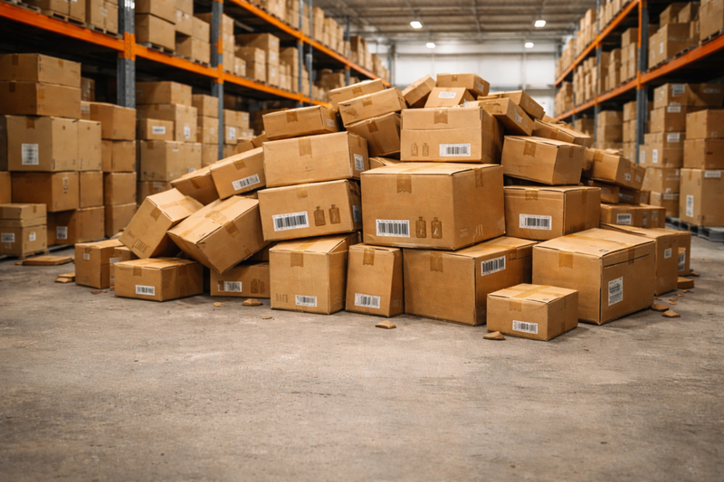 Disorganized pile of cardboard boxes on a warehouse floor with shelves of inventory in the background.