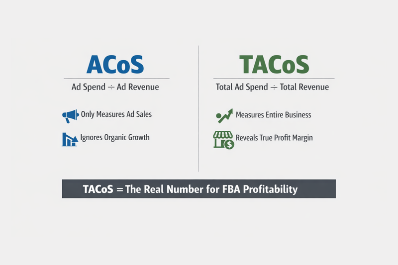 FBA profit margin tracking analytics screen showing TACoS and margin data