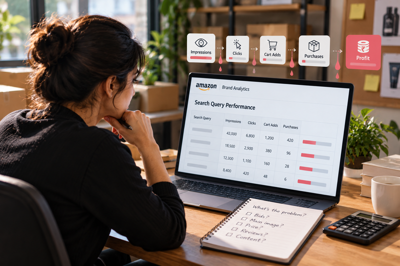 Amazon seller analysing the Search Query Performance funnel from impressions to purchases to find where shoppers drop off