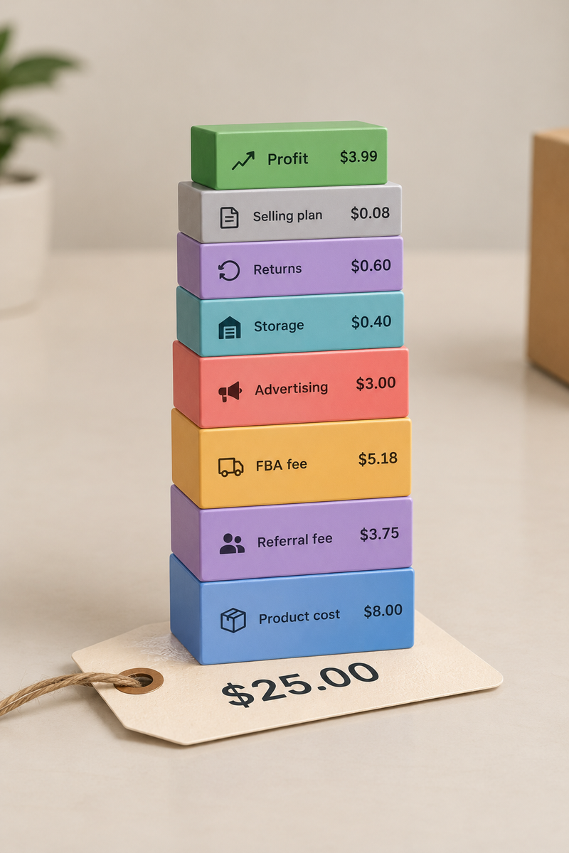 Stacked chart showing Amazon fees, ads and product cost leaving $3.99 profit on a $25 product