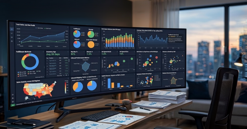 Large curved monitor displaying a business analytics dashboard with charts, graphs, and sales data in a modern office overlooking a city skyline at dusk.