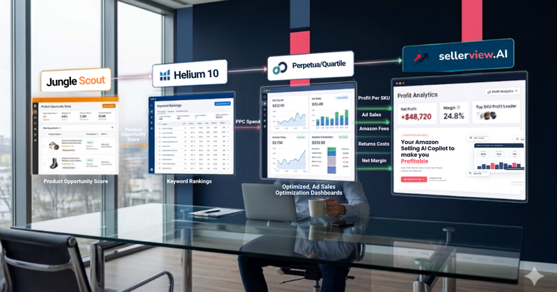 Amazon seller software stack showing Jungle Scout, Helium 10, Perpetua/Quartile, and sellerview.AI connected through data flow to drive profitable business decisions.