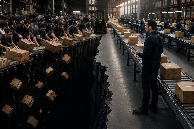 Warehouse seller calmly monitoring a steady fulfillment line while nearby sellers rush inventory toward losses, with cartons falling into a gap that represents margin erosion from reactive price matching.