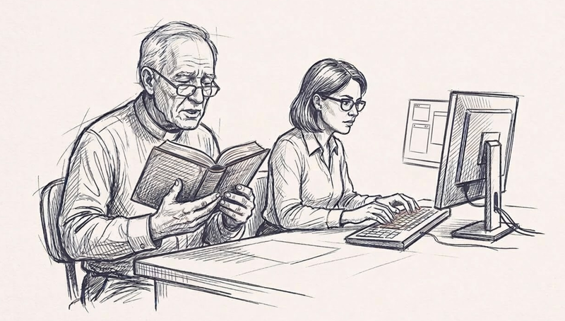 A pastor reading out his notes to his secretary. 