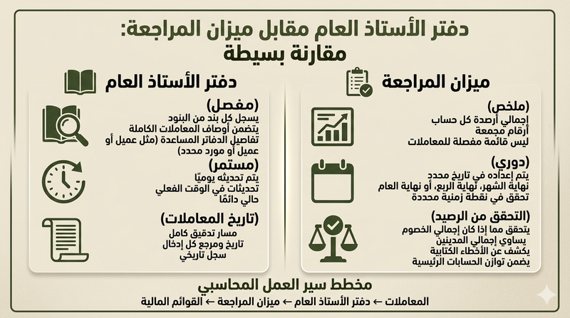 دفتر الأستاذ العام مقابل ميزان المراجعة: الفروقات الرئيسية