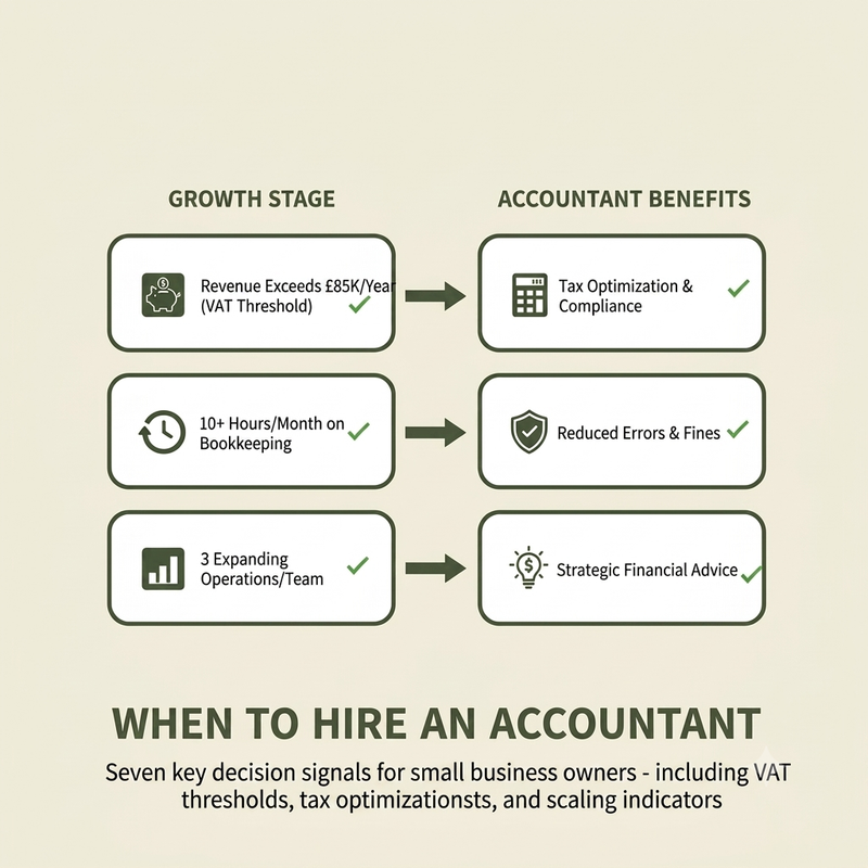 Seven signs your business needs an accountant: VAT thresholds, time costs, tax optimization, scaling indicators