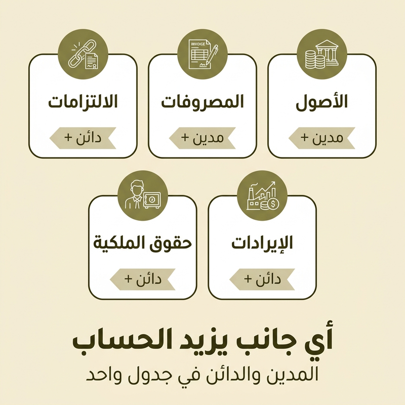شرح المدين والدائن: أي جانب يزيد كل نوع من الحسابات