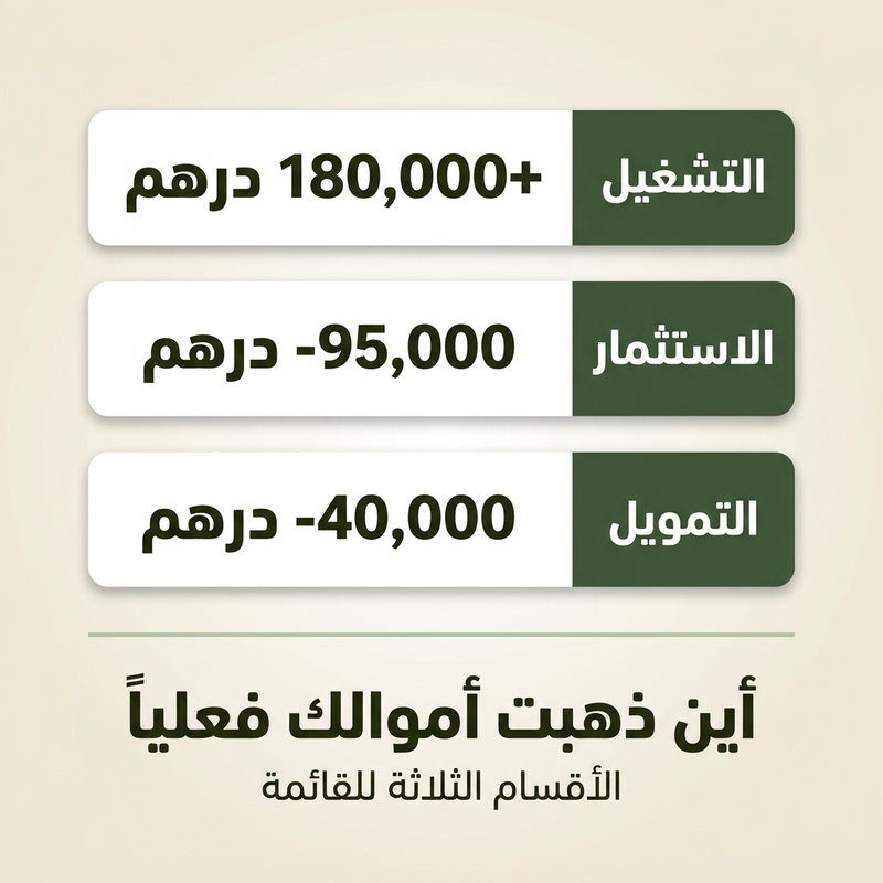 شرح قائمة التدفقات النقدية: الأقسام التشغيلية والاستثمارية والتمويلية بأرقام توضيحية بالدرهم
