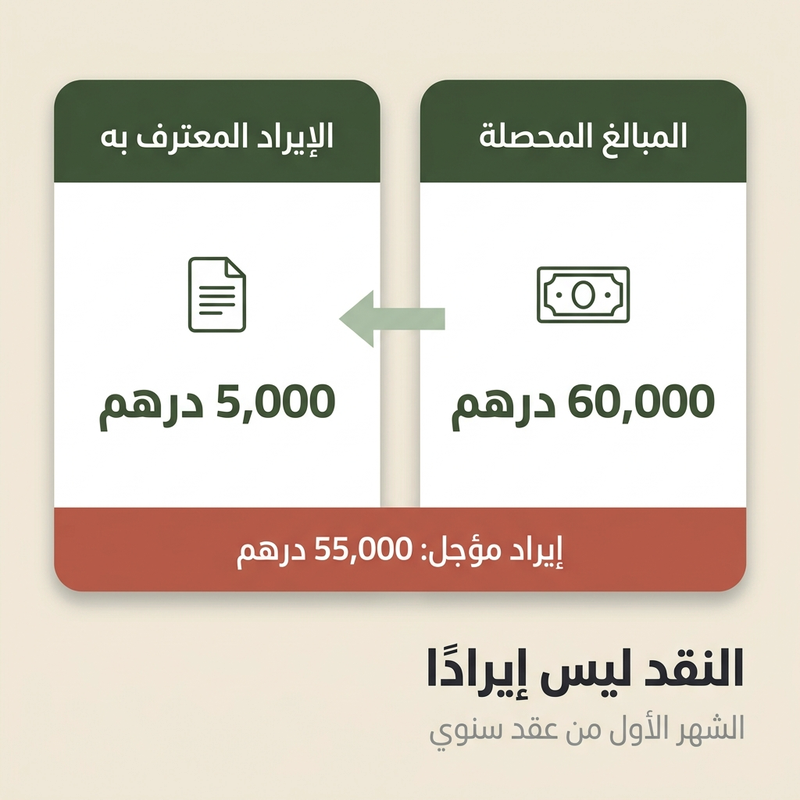 مخطط الاعتراف بالإيرادات يوضح استلام نقد بقيمة 60,000 درهم إماراتي مقابل 5,000 درهم إماراتي كإيرادات معترف بها، مع الاحتفاظ بمبلغ 55,000 درهم إماراتي كإيرادات مؤجلة