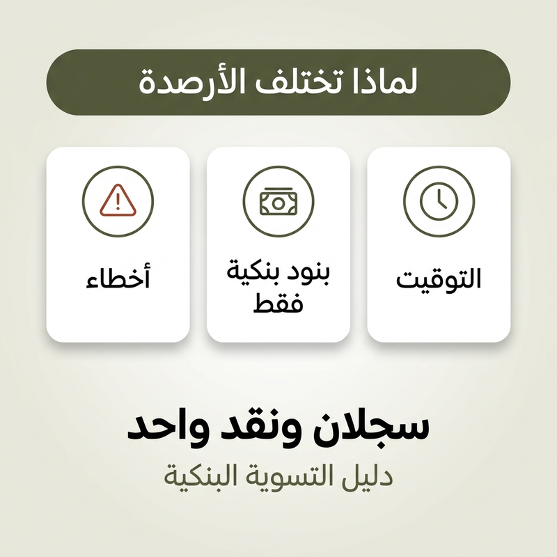 دليل التسوية البنكية الذي يوضح سبب اختلاف رصيد دفتر النقدية وكشف الحساب البنكي