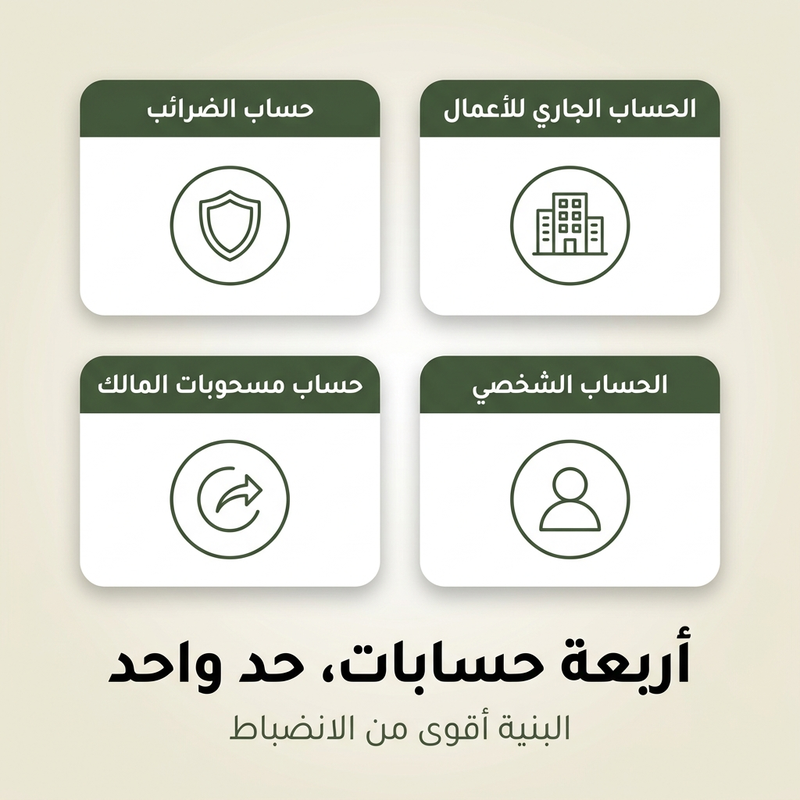 أربعة حسابات لفصل الشؤون المالية التجارية عن الشخصية: الحساب الجاري التجاري، حساب الاحتجاز الضريبي، الحساب الجاري الشخصي، وحساب مسحوبات المالك