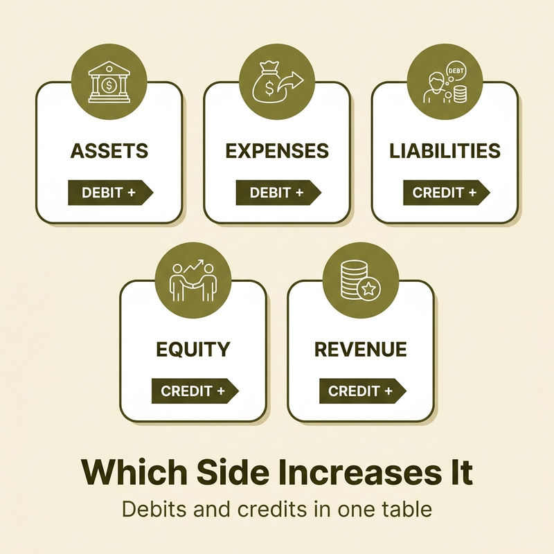 Debits and credits explained: which side increases each account type