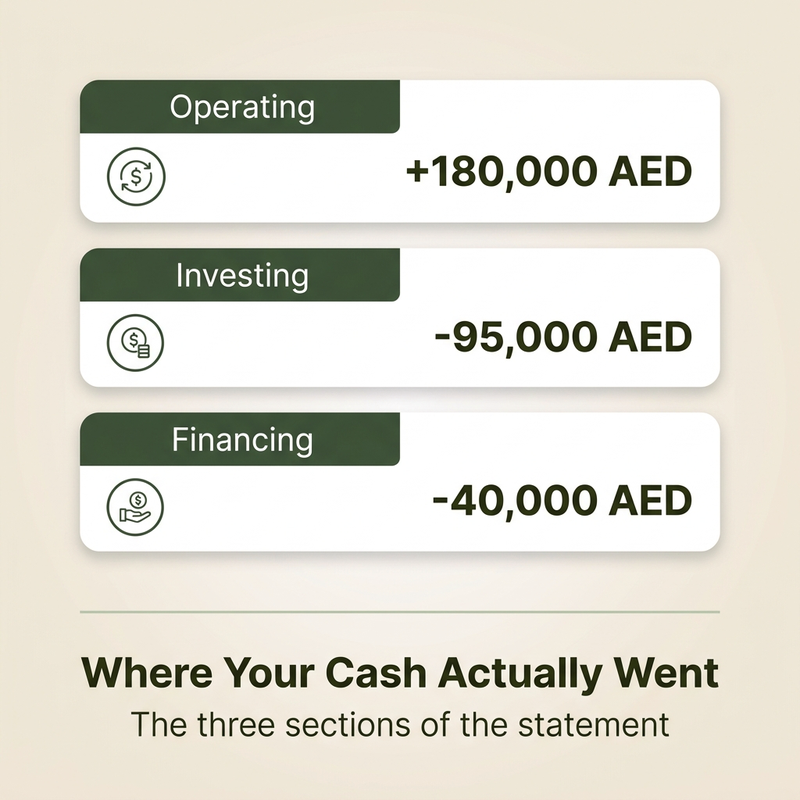 Cash flow statement explained: operating, investing and financing sections with example AED figures