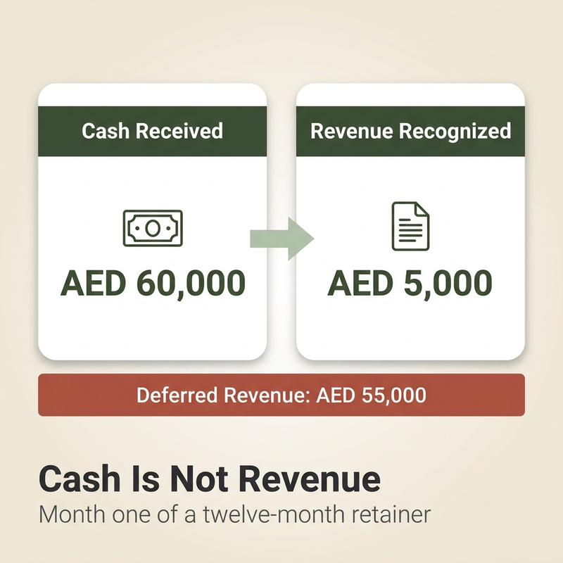 Revenue recognition diagram showing cash received of AED 60,000 against AED 5,000 revenue recognized, with AED 55,000 held as deferred revenue