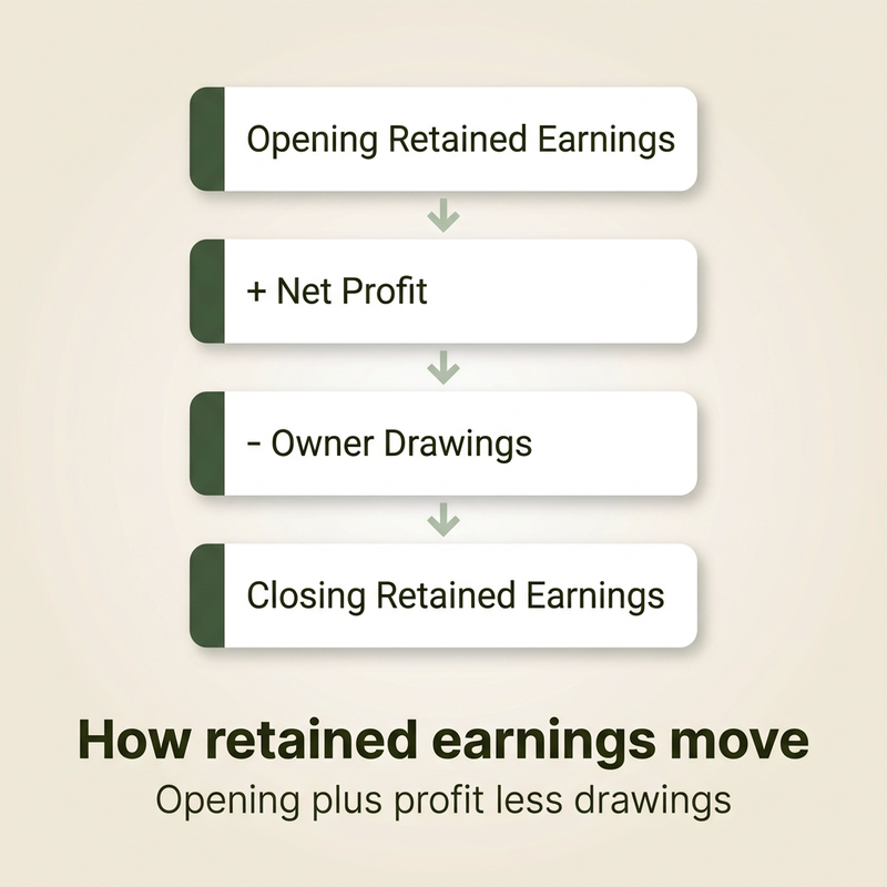 Retained earnings explained: opening balance plus net profit less owner drawings