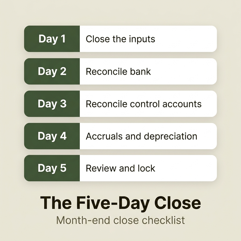 Month end close checklist showing the five-day close schedule from cut-off to lock