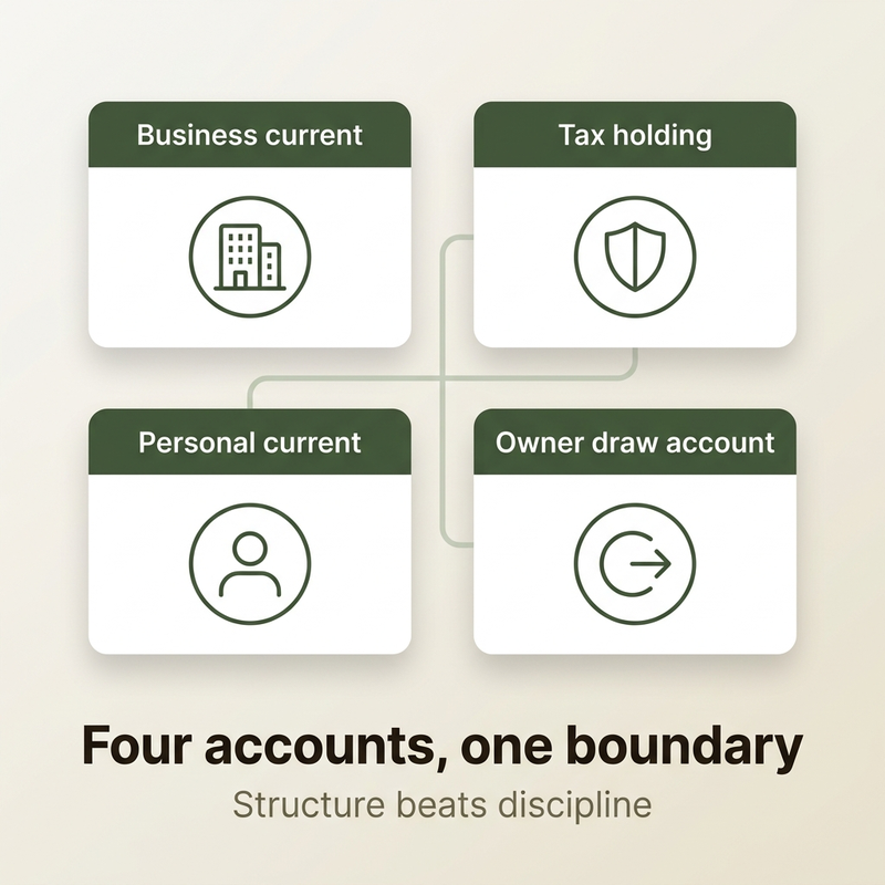 Four accounts for separating business personal finances: business current, tax holding, personal current, and owner draw