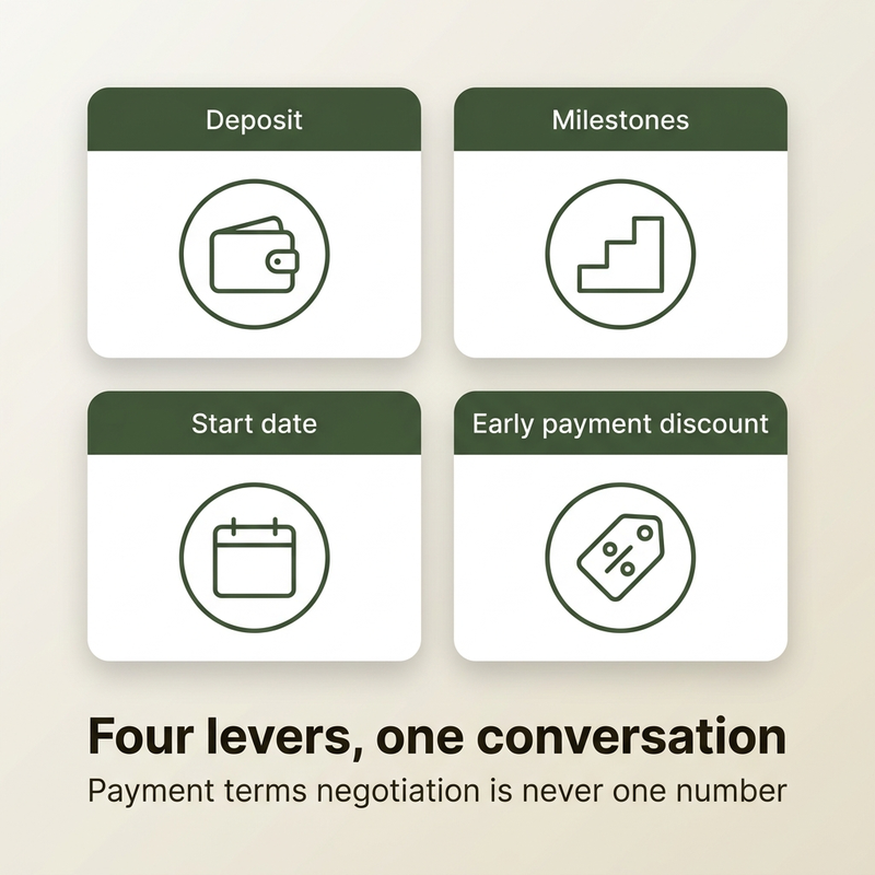 Four payment terms negotiation levers: deposit, milestones, start date, and early payment discount
