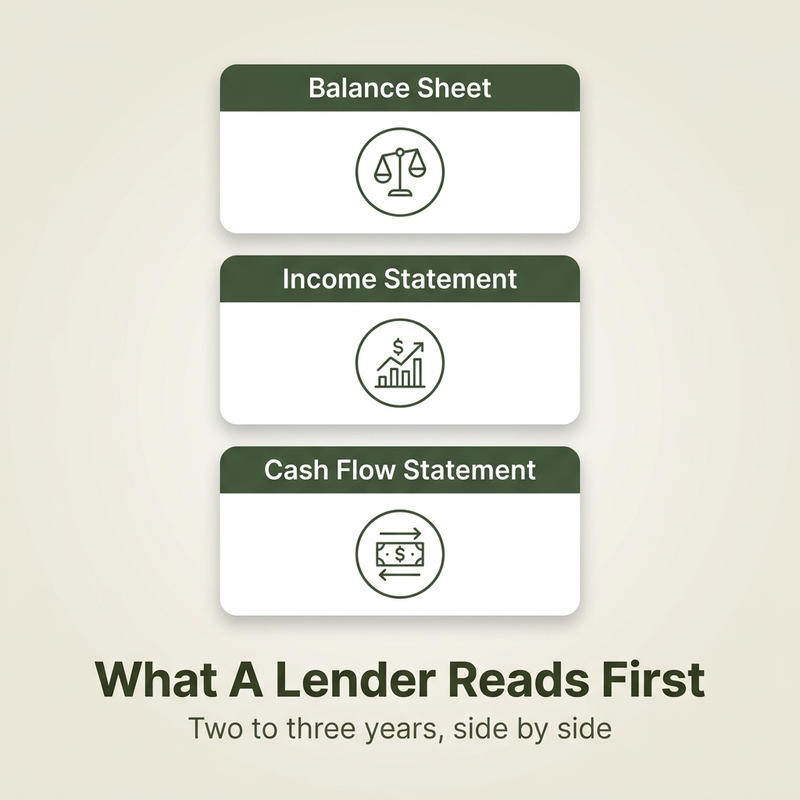 Three white cards labelled Balance Sheet, Income Statement and Cash Flow Statement, showing the business loan financial requirements a lender reads first