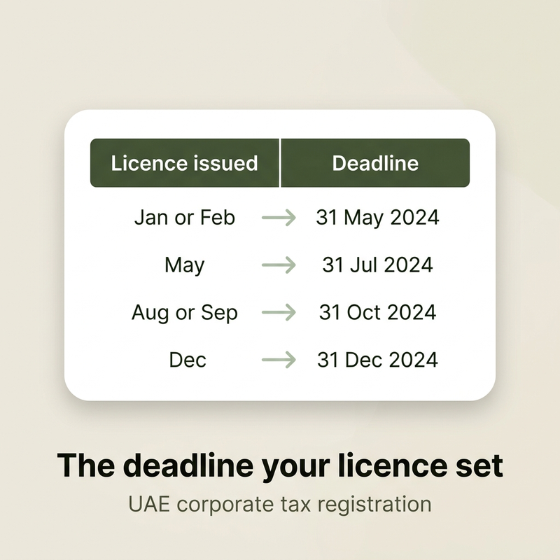 UAE corporate tax registration deadline schedule by trade licence issue month