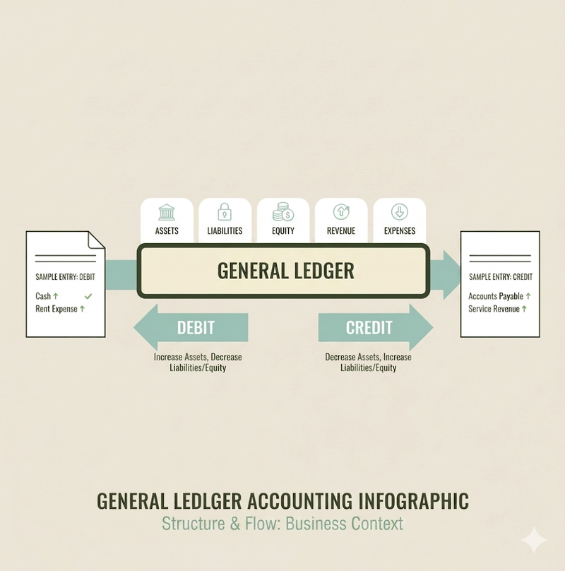 General ledger structure infographic showing chart of accounts with assets, liabilities, equity, revenue and expenses for GCC small businesses