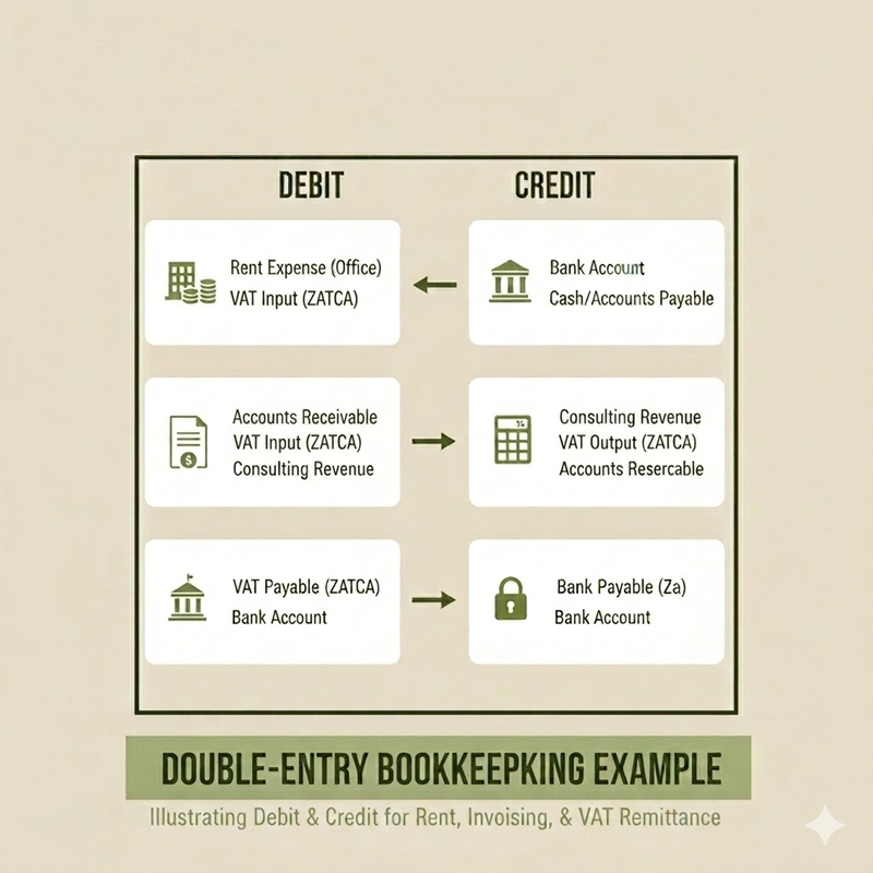 image.pngDouble-entry bookkeeping example for GCC consulting firm showing debit and credit entries for client invoice with VAT, rent payment, and ZATCA remittance