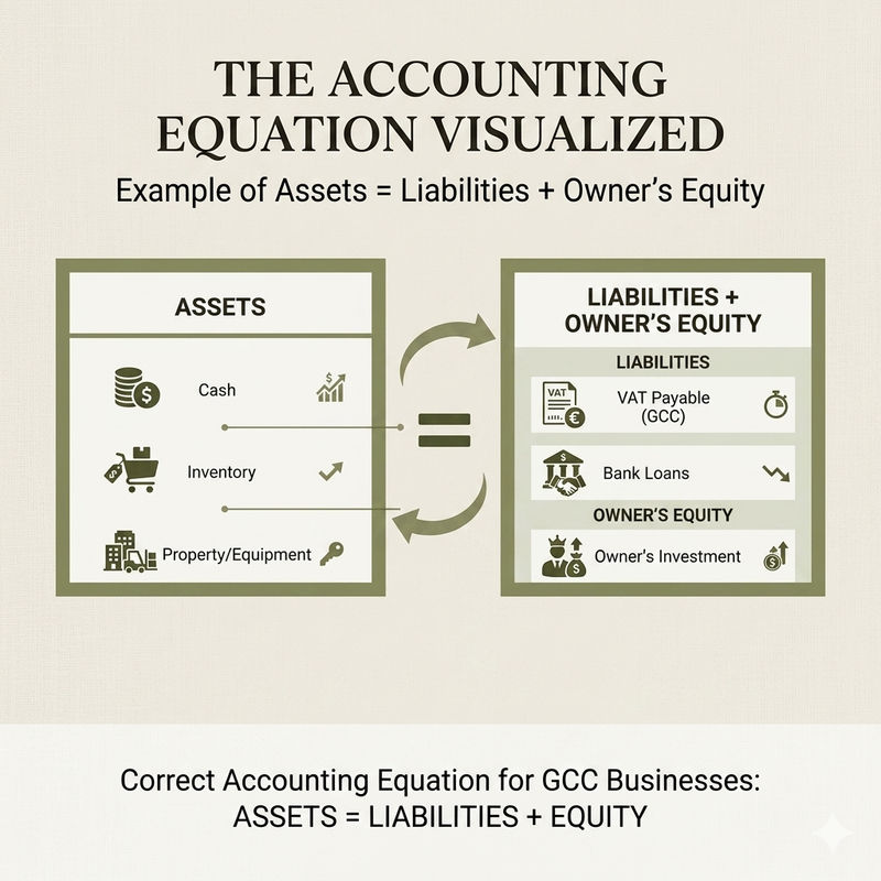 Accounting equation visualized: Assets equals Liabilities plus Equity with GCC business examples