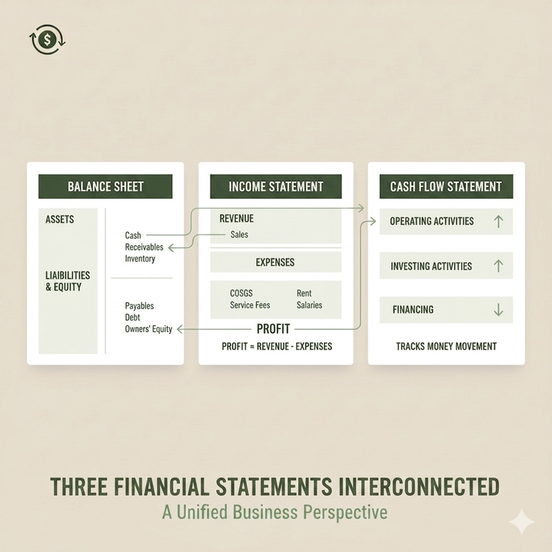 The three financial statements: Balance Sheet, Income Statement, and Cash Flow Statement interconnected