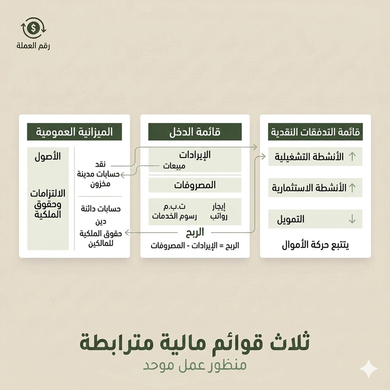 القوائم المالية الثلاثة: الميزانية العمومية وقائمة الدخل وقائمة التدفقات النقدية مترابطة