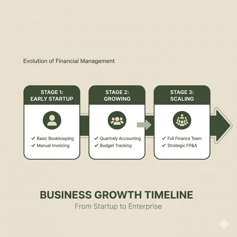 Business growth stages showing when to hire bookkeepers and accountants from startup to scaling