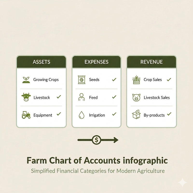 Farm chart of accounts showing assets, expenses, and revenue categories for agriculture businesses