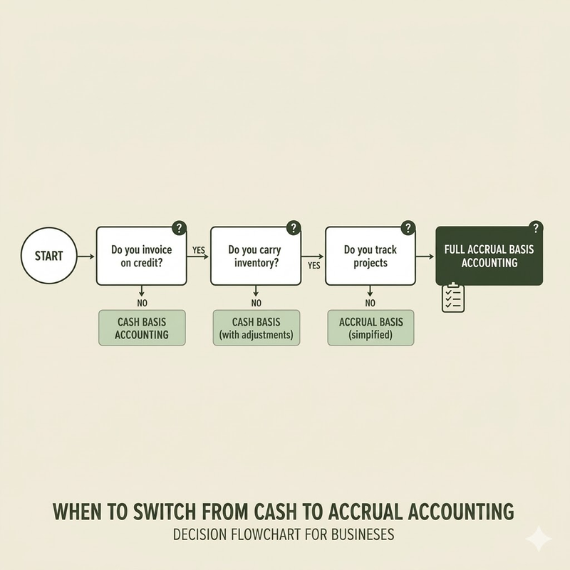 Decision flowchart for when to switch from cash basis to accrual accounting