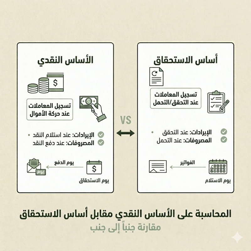 مقارنة المحاسبة النقدية ومحاسبة الاستحقاق توضح متى يتم تسجيل الإيرادات والمصروفات