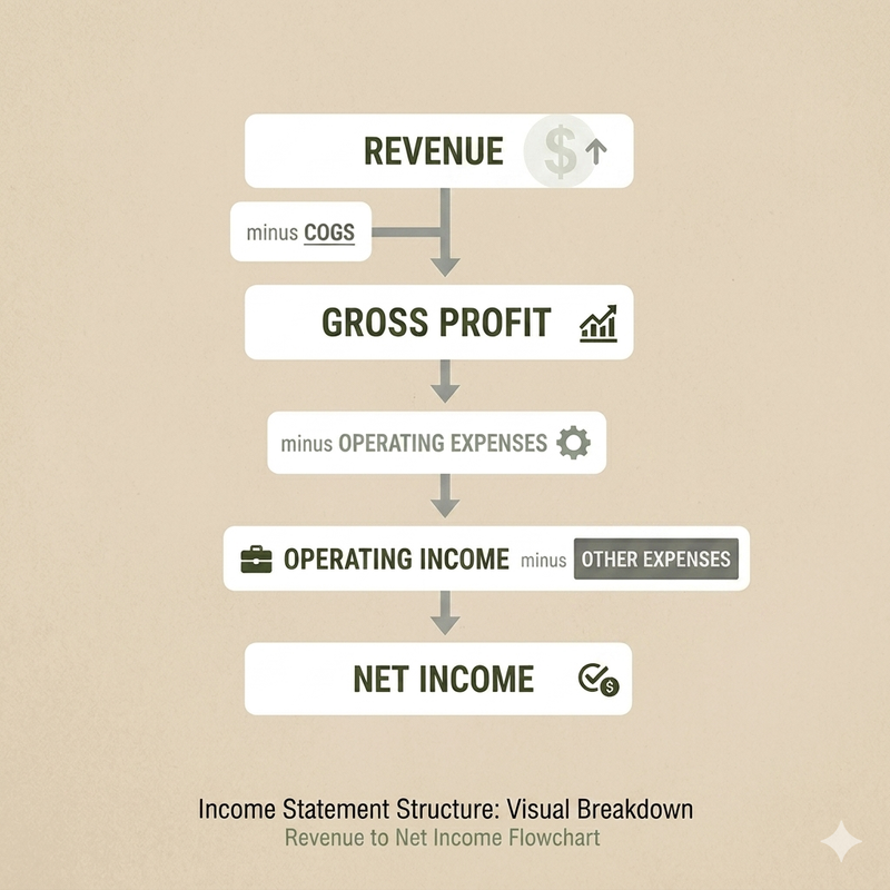 Income Statement Structure showing revenue, COGS, gross profit, operating expenses, and net income flow