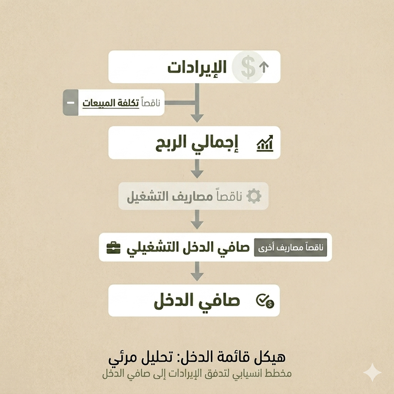 هيكل قائمة الدخل يوضح الإيرادات، تكلفة البضاعة المباعة، الربح الإجمالي، المصروفات التشغيلية، وتدفق صافي الدخل